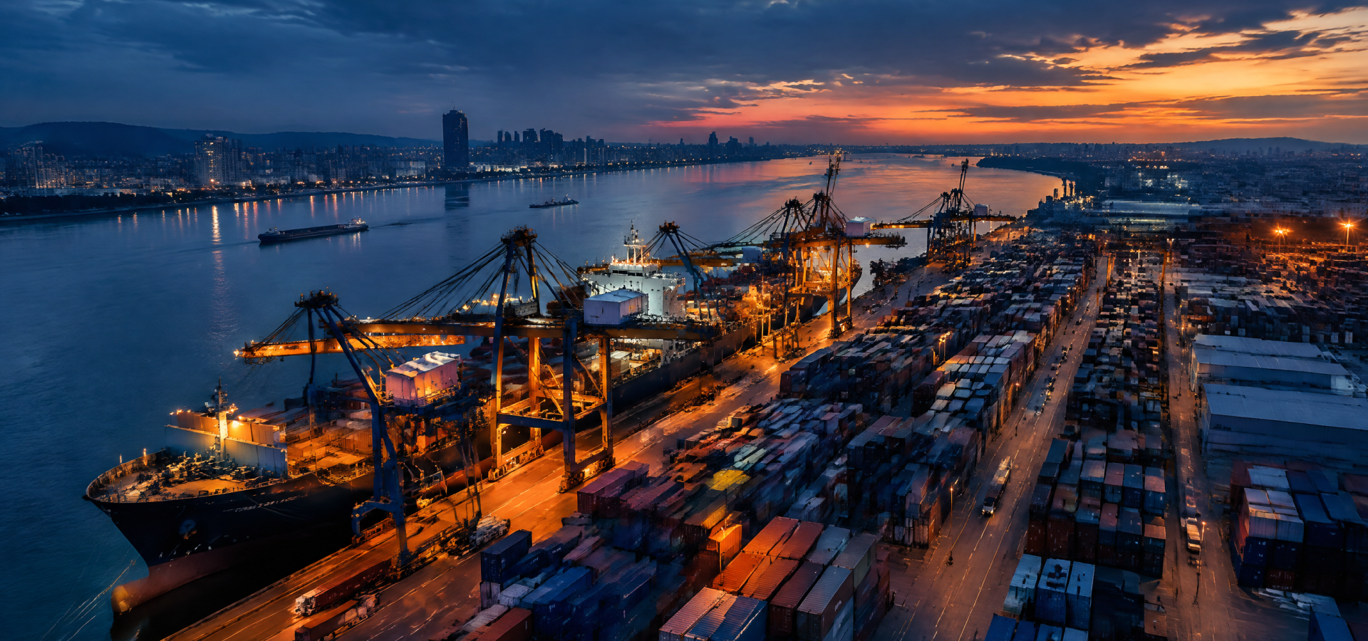 Port de conteneurs la nuit, ambiance logistique et import-export