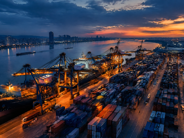 Port de conteneurs la nuit, ambiance logistique et import-export
