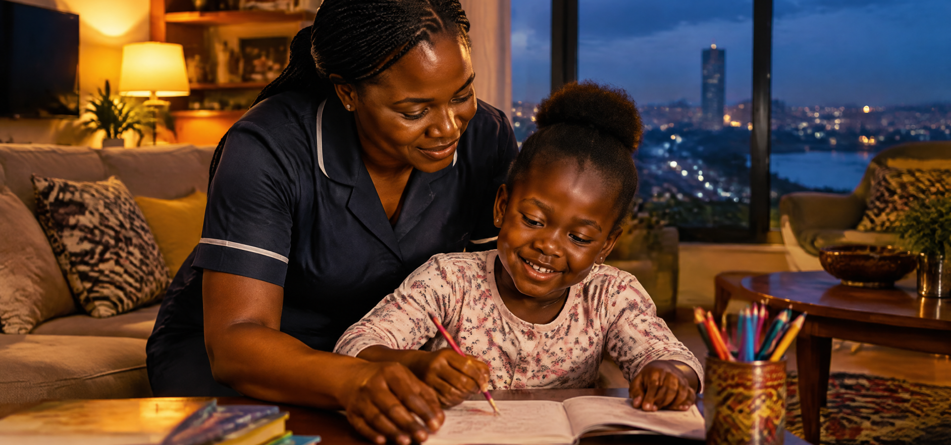 Nounou aidant un enfant a faire ses devoirs a la maison