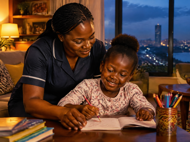 Nounou aidant un enfant a faire ses devoirs a la maison